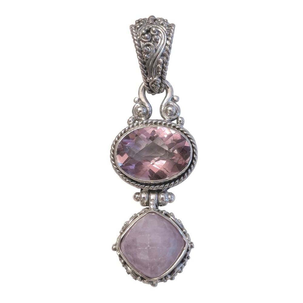Sarda Sterling Silver Pink Quartz & Rose De France Balinese Style Pendant Ornate